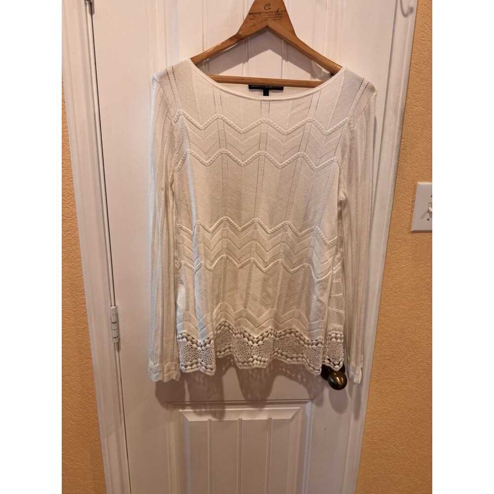 Women’s WHITE HOUSE BLACK MARKET Top MEDIUM ivory Long Sleeve W/Lace Trim - Picture 3 of 16